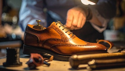 A skilled craftsman meticulously works on a handcrafted brown leather dress shoe, showcasing the artistry of shoemaking in a workshop.