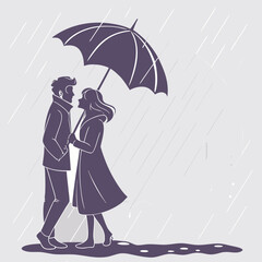 Romantic couple sharing an umbrella in the rain a silhouette illustration of love and togetherness on a rainy day