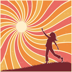 Silhouette of a young woman reaching towards a vibrant retro sunburst on a grassy hill