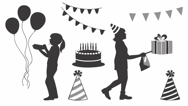 Happy Birthday Party Celebration Silhouettes. Kids and Adults with Festive Balloons, Cake, Gifts, Party Hats. Event Invitations, Promotion Design.
