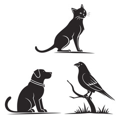 Stylized silhouette of a black cat sitting a black dog sitting and a black bird perched on a branch with grass below