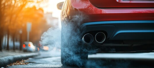 Red Vehicle Emitting Exhaust Fumes with Double Exhaust Pipes Leaving a Vapour Trail on the Ground