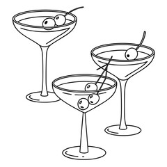 Three elegant line art martini glasses filled with liquid and garnished with cherries perfect for celebratory occasions