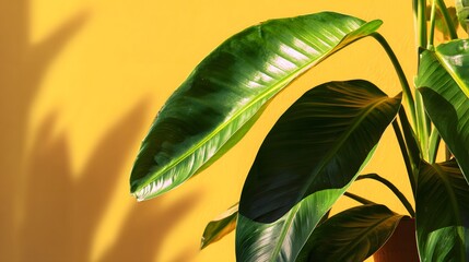 Obraz premium Lush green leaves cast shadows on a vibrant yellow wall.