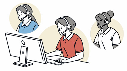Diverse Women Customer Service Agents Working Remotely. Professional Online Support Team with Headsets Assisting Clients Efficiently.