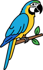 Cartoon Blue-and-Yellow Macaw on Leafy Branch – Colorful Parrot Vector Illustration Isolated for Commercial and Children’s Art