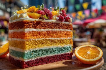 Rainbow layer cake with frosting decorations sits on beige plate during the day