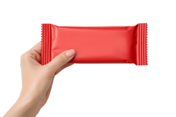 A hand gently holds a blank red rectangular wrapper, ideal for creative product branding mockups. This transparent png is isolated on a clear background.