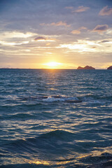 Panoramic beach landscape in Thailand. Inspire tropical beach seascape horizon. Sunset sky calmness tranquil relaxing sunlight summer mood. Tropical beach at sunset, light sand, and a blurred horizon.