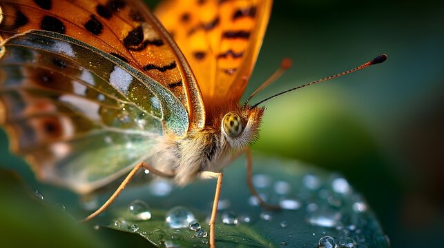 Delicate orange butterfly rests on a dewy green leaf. - Powered by Adobe