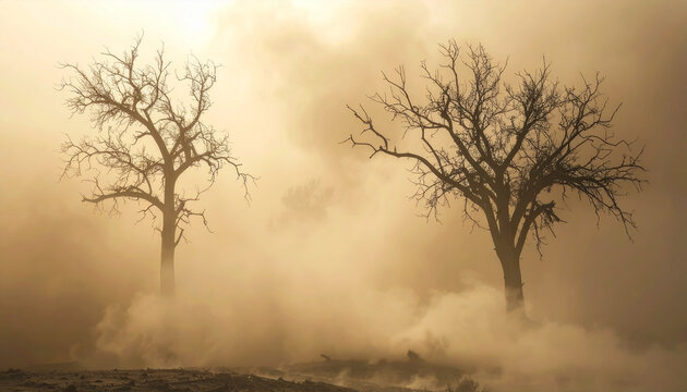 Dead leafless trees emerging through swirling dust and fog, desolate atmosphere, apocalypse