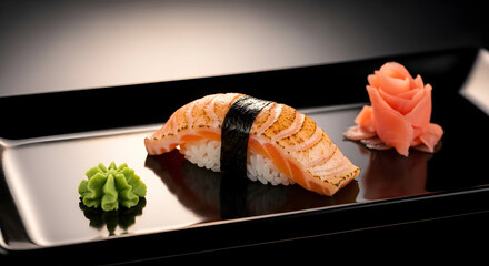 Delicious salmon nigiri sushi with vibrant green wasabi and pink pickled ginger on a black plate