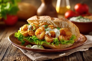 Delicious chickpea salad sandwich on crusty bread with fresh lettuce and creamy dressing served on rustic wooden table in cozy kitchen setting