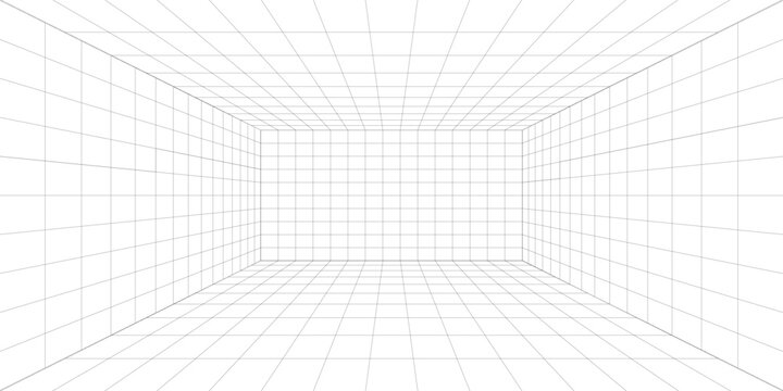 Room projection grid in futuristic 3d style. Outline futuristic grid background, room projection. Wireframe grid template in perspective view