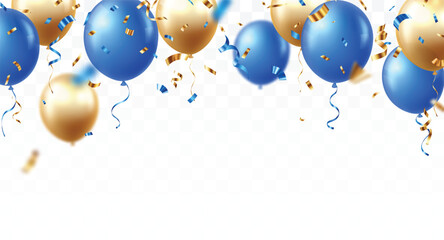 Blue and gold balloons, with party confetti ribbon, for happy Birthday celebration card banner