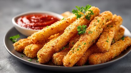 Crispy golden fried fish sticks served with a side of fresh parsley and tangy tomato ketchup on a black ceramic plate for classic comfort food presentation