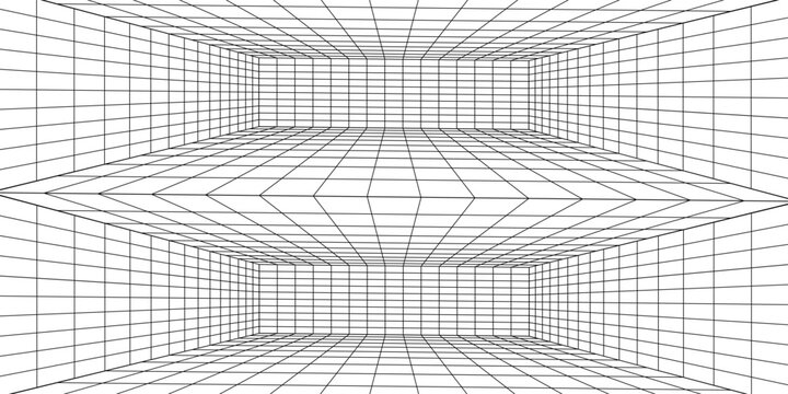 Wireframe grid room. 3d perspective background. Futuristic digital outline space. Black and white geometric design. Vector template illustration. Angle point of view.