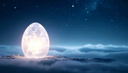 Sierkussen Meisjeskamer Glowing crystal egg illuminated from within, misty surreal landscape under starry night sky  © hardvicore
