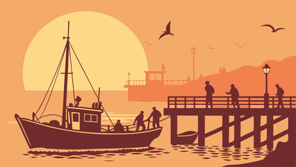 Hardworking Fishermen on Boat and Pier at Golden Sunset in Tranquil Coastal Harbor