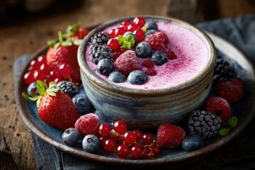 Fresh Mixed Berry Smoothie Bowls with Raspberries, Blueberries, Strawberries, Blackberries, Redcurrants, and Mint on Rustic Wooden Table