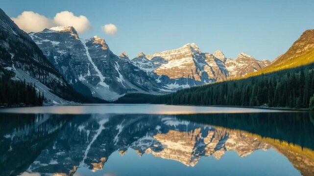 Glacier-Fed Lake with Perfect Water Reflection and Snow-Capped Mountains
