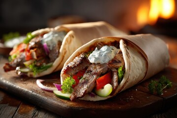 Freshly prepared beef beef shawarma wraps with vegetables and herbs on a rustic wooden cutting board in a warm kitchen setting with blurred background