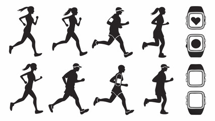 Running People Silhouettes with Smartwatch Icons. Fitness Jogging Athletes for Health Tracking, Active Lifestyle, and Sports Marketing Design.