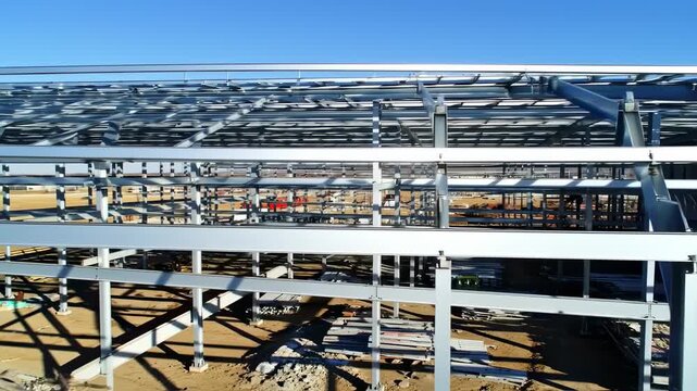 Construction Site Steel Framework Progress Time-Lapse under Blue Sky showcasing industrial