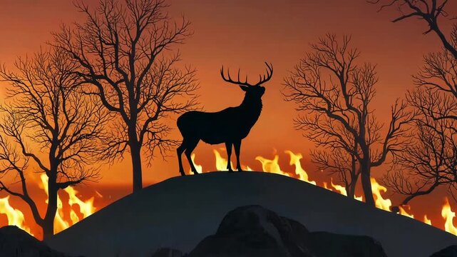Silhouette of a majestic deer standing atop a hill surrounded by wildfire flames against a dramatic orange sunset sky in a desolate landscape scene