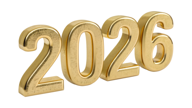 Golden year 2026 numbers stand prominently, an isolated transparent png image ready for various design uses and future celebrations.