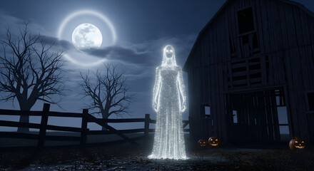 Ethereal Ghostly Figure Standing Under Full Moon by Old Barn