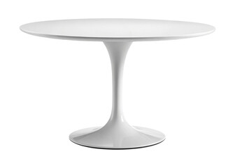 A modern white round table features a unique central pedestal base, standing isolated on a clean transparent png background.
