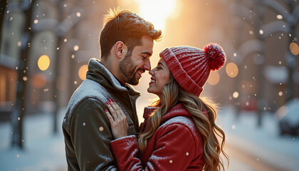 Couple smiling in snowy city street, warm winter romance