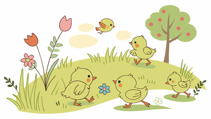 Joyful Baby Chicks Playing in Green Spring Meadow with Flowers and Tree. Cute Easter Illustration for Kids Books, Education, and Family Marketing.