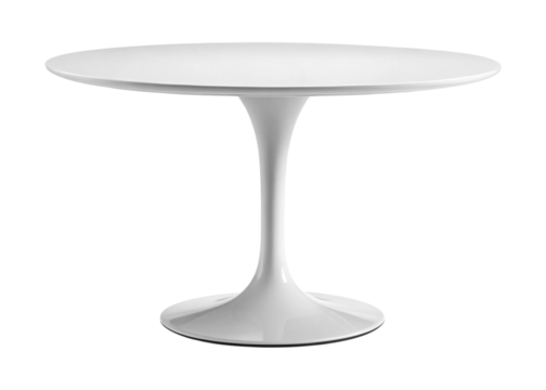 A modern white round table features a unique central pedestal base, standing isolated on a clean transparent png background.