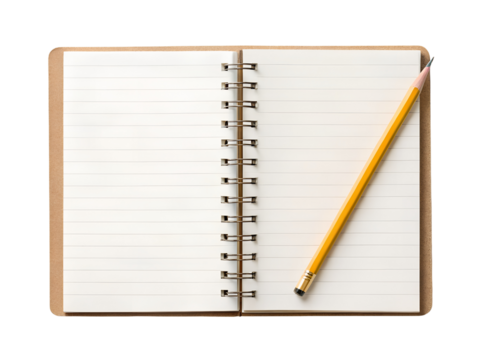 An open spiral notebook with blank lined pages and a yellow pencil resting diagonally on it, transparent background, isolated png.