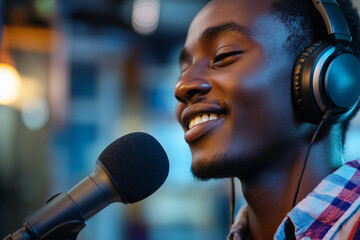 Generative AI portrait of a vibrant podcast host with mic headphones during live radio show