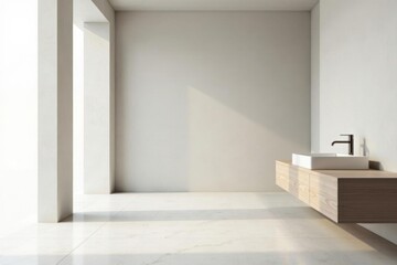 Fototapeta premium Minimalist bathroom interior design with sunlight illuminating a sleek, modern vanity and a clean, white sink