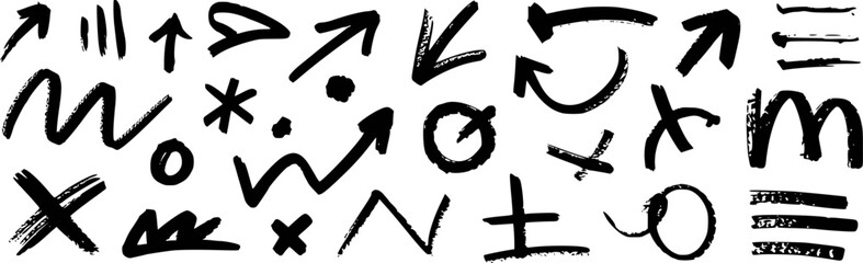 Collection of Hand-Drawn Black Arrows, Symbols, and Marks on White Background