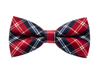 A classic red and blue plaid bow tie is neatly tied, featuring white lines, isolated on a transparent background, perfect for formal wear, png.
