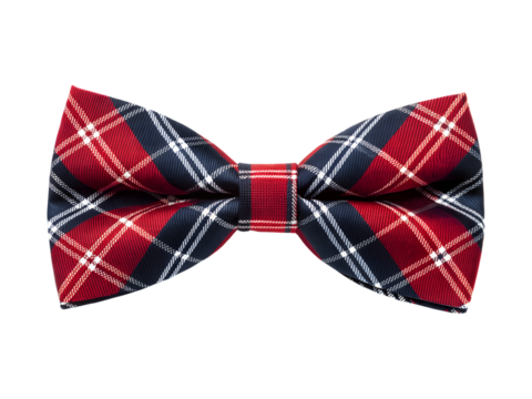 A classic red and blue plaid bow tie is neatly tied, featuring white lines, isolated on a transparent background, perfect for formal wear, png.