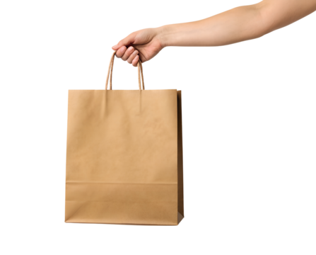 A hand holds a blank kraft brown paper shopping bag, isolated cleanly on a transparent background, perfect as a png file.