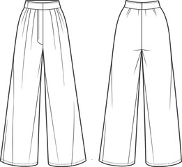 Fashion CAD drawing, wide leg pants with high waist and front pleats, loose silhouette, front and back view, technical flat sketch