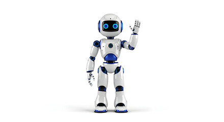 Fototapeta premium A friendly white and blue humanoid robot waving its hand against a clean, isolated white background.