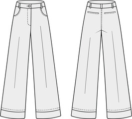 Fashion CAD drawing, wide leg pants with high waist and welt pockets, cuffed hem design, front and back view, technical flat sketch