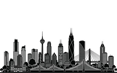 Fototapeta premium Minimalist Black City Skyline Silhouette Vector Illustration. Urban Panorama with Modern Skyscrapers, Suspension Bridges, and Trees. Graphic Design for Architecture, Travel, and Business.