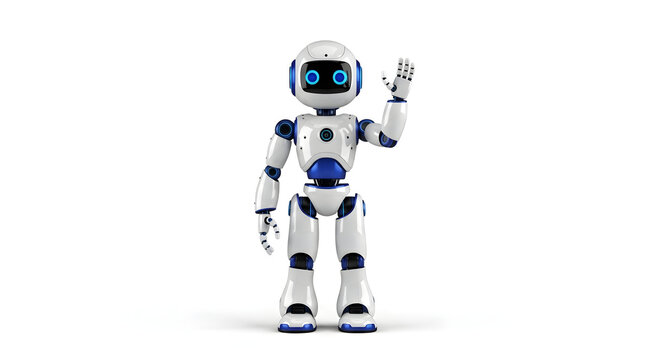 A friendly white and blue humanoid robot waving its hand against a clean, isolated white background.