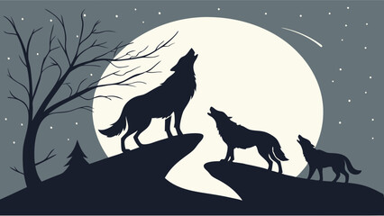 Wild Wolves Pack Howling at Full Moon Silhouette in Dark Night Wilderness Landscape Illustration for Nature and Mystery