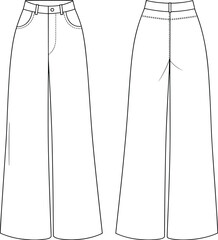 Fashion CAD drawing, wide leg pants with high waist and belt loops, front and back view, technical flat sketch, apparel design