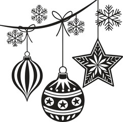 Festive christmas ornaments hanging from twine string decorating holiday scene isolated on transparent background